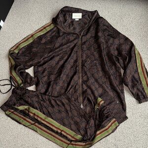 Gucci Dark Brown Silk Monogram Track Suit with Green and Red Accents XS/S